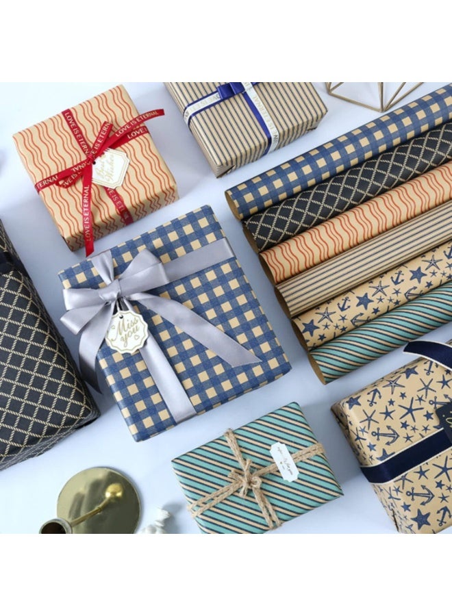 SRLIWHITE 12PCS Gift Wrapping Paper with Cutlines,  Blue Nautical Striped and Anchor Design Gift Wrap with Ribbon and Stickers for Birthday, Holiday, and Wedding（50*70cm） - Image 2